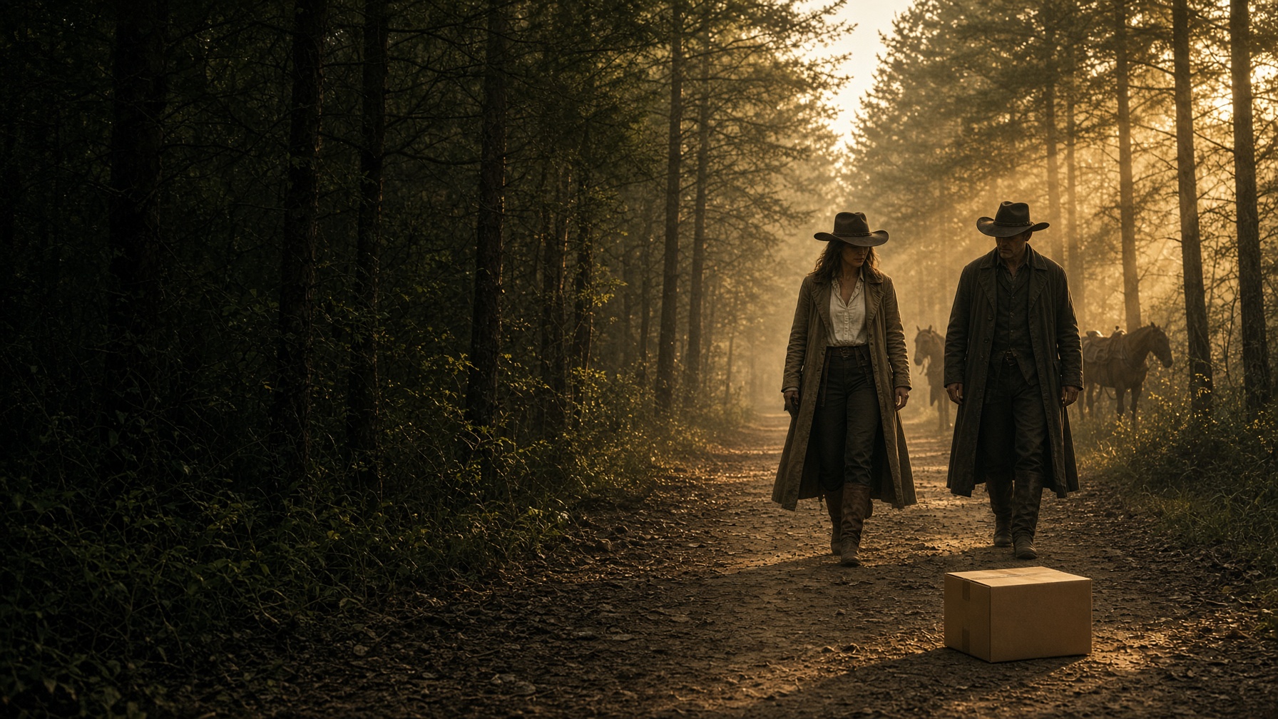 A cowgirl and cowboy on a dusk forest road, a kraft box in the gold light